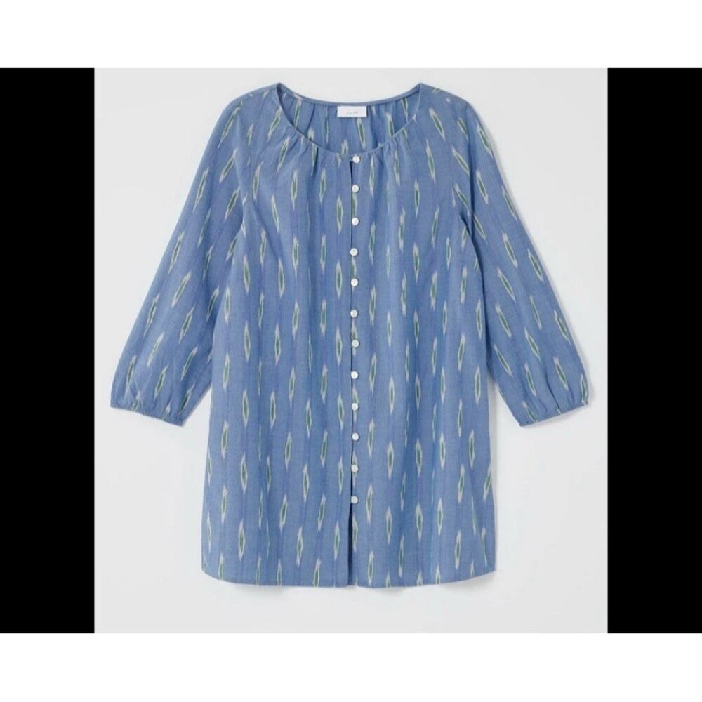 J. Jill Pure Jill Blue Ikat Print Button Front Tunic Top 3/4 Sleeves SM Coastal